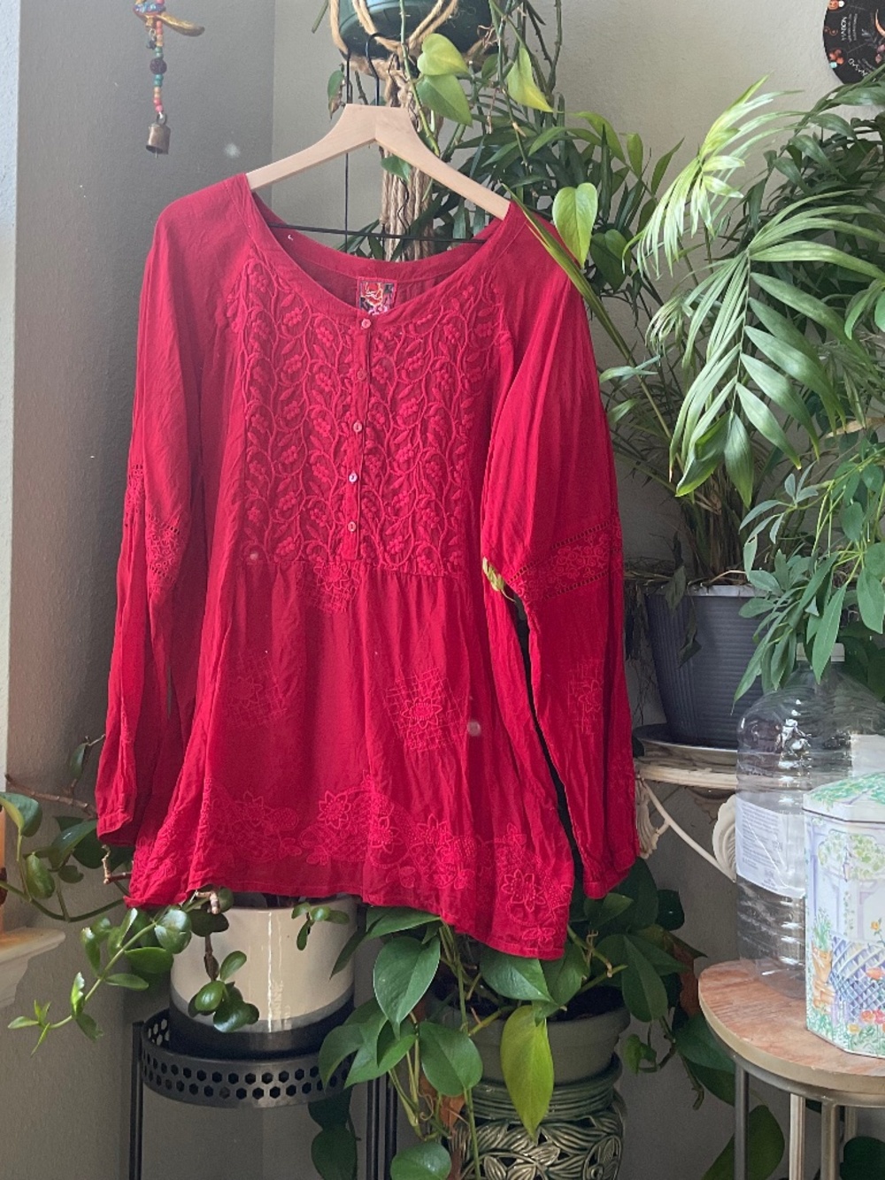 Women’s Johnny Was Red SIlk Blouse Embroidery XL